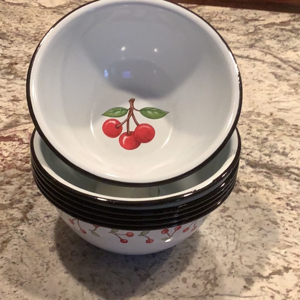 Mary Engelbreit enamelware Cherry cereal bowls. Set of 6